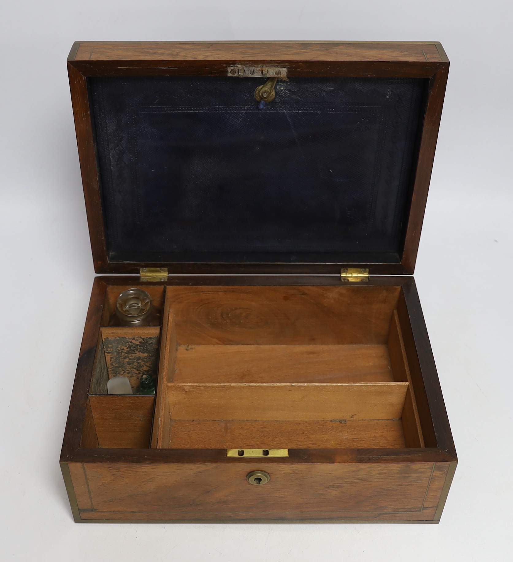 A Victorian brass bound rosewood writing box, 30.5 x 22 x 13cm, a George IV satinwood tea caddy and three Japonaise lacquered wall brackets
